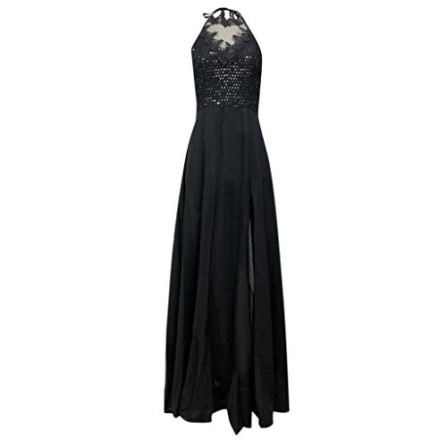 YiYLunneo Women\'s Dress Elelgant Embroidery Lace Halter Evening Party Wedding Slit Formal Long Dresses Black