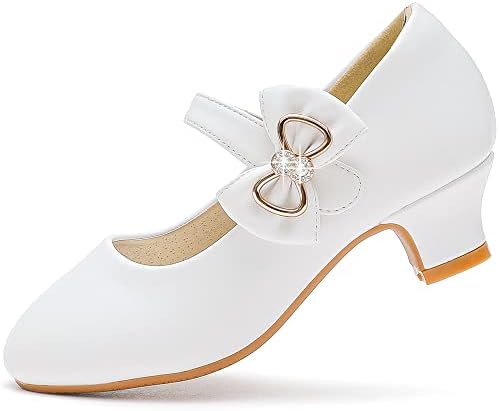 White Mary Janes Flats Girls Dress Shoes Kid High Heels Princess Shoes Flower Girl Shoes for Wedding Low Heel First Communion Shoes Christmas Easter Party Snow Church Shoes (3303PUWhite 2)