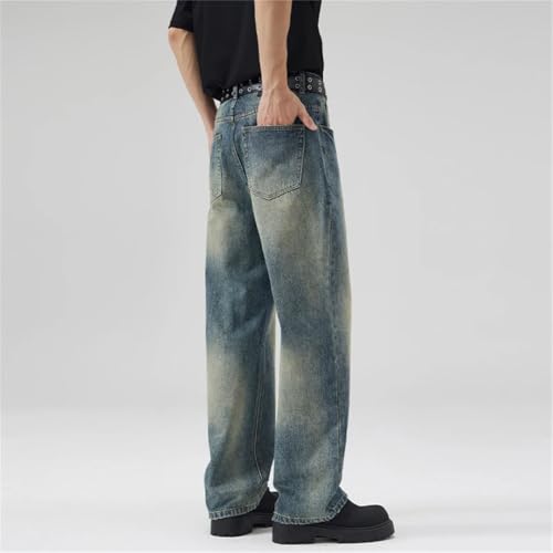Men Vintage Jeans with Pockets Straight Trousers Distress Streetwear Wide-Leg Denim Pants3