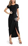 GRECERELLE Women's Short Sleeve Summer Dresses Elastic Waist Slit Casual Long Maxi Dress with Belt Black-2XL