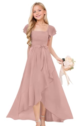 Clothfun Dusty Rose Chiffon Square Neck Flower Girl Dress High Low A Line Chiffon Confirmation Dress for Girls Size 8