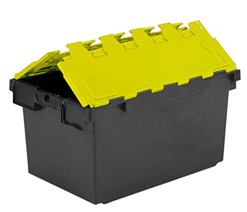 Totebox 5x 80ltr XL Heavy Duty Attached Lid Container in Black With Yellow Lid (710 x 460 x 368h mm) Original LC3 Crate