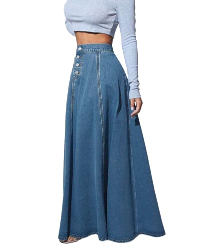 SEMATOMALA Women's A Line Retro High Waisted Long Jean Skirts Button Fly Flared Flowy Swing Denim Maxi Skirts2