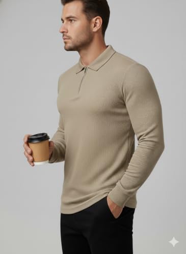 Image of Mack Jonney Men's Premium Ribbed Half-Zip Polo T-Shirt | Long Sleeve Soft Stretch Fabric | Stylish Casual & Smart Wear Top-M6783