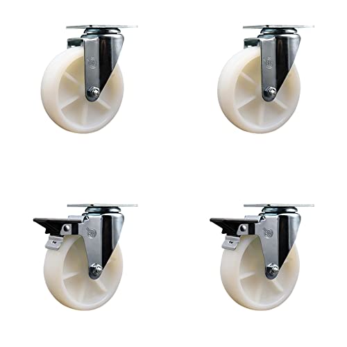 Nylon Swivel Top Plate Caster Set of 4 with 5 Inch White Wheels - Includes 2 Swivel with Posi Locking Brakes and 2 Swivel - 1200 lbs. Total Capacity - Service Caster Brand