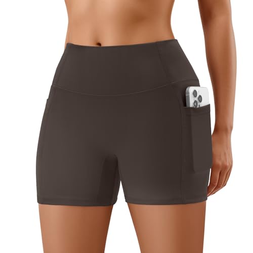 FireSwan Womens No Front Seam Biker Shorts High Waisted Spandex Yoga Workout Gym Running Athletic Shorts with Pockets Tummy Control(Brown L)