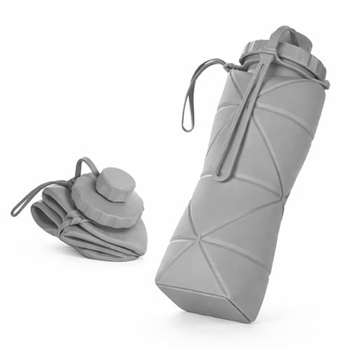 Image of Barebeauty Folding Silicone Water Bottle | Collapsible Travel Water Bottle for Gym, Office, School, Cycling, Hiking & Outdoor Sports | Leak-Proof, Portable Bottle | 600 Ml (Grey)
