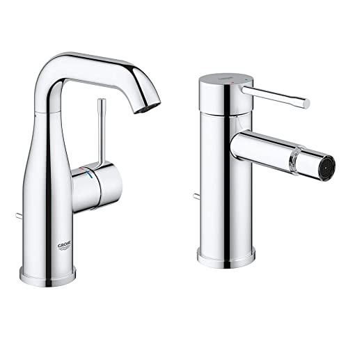 GROHE 23462001 Essence Basin Tap with Pop-Up Waste Set, Medium High Spout + GROHE 32935001 Essence New Single-Lever Bidet Mixer Tap with Drainage Fitting - Chrome