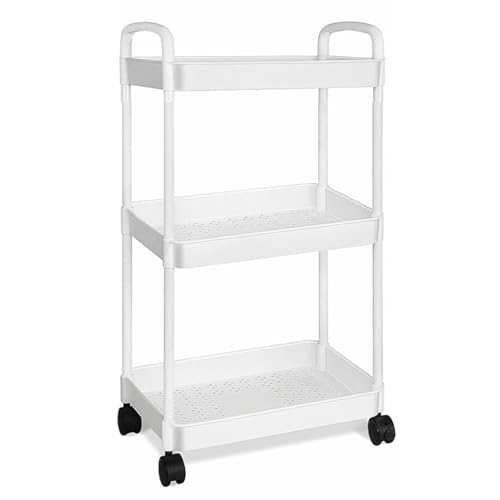 3 Tier Storage Trolley Cart on Wheels Slim Rolling Utility Cart with Handle Mobile Storage Shelving Organizer for Kitchen Bathroom Laundry Room Bedroom Narrow Places Plastic (Cream White)