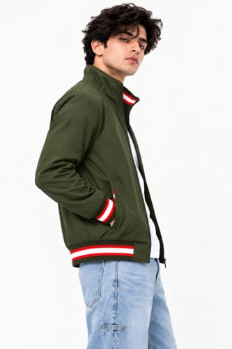 Image of Ben Martin Men's Jacket || Lightweight Casual Jacket with Standing Collar || Full Sleeve Zip-Up Windcheater Jacket with Striped Ribbed Cuffs & Hem