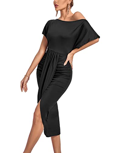 Image of LYANER Women's One Off The Shoulder Ruched Wrap Front Split Hem Draped Party Midi Dress