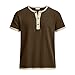 Mens Henley Linen Shirts Beach Casual Short Sleeve Button Up T-Shirt Color Block Summer Tops Husband Bf Bday Clothes Brown