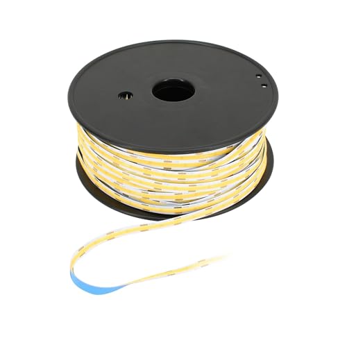 Tira de LED COB 12V DC 24000LED/50M 7W/m IP20 blanco cálido, ideal para iluminación decorativa y acentos en interiores.