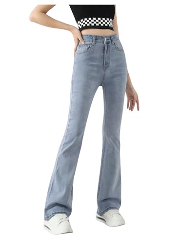 SweatyRocks Girl's Casual High Waisted Zip Up Jeans Solid Flare Leg Stretch Denim Pants3