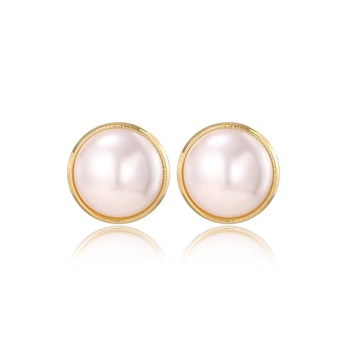 Gold Plated Pearl Stud Earrings for Women Trendy, Geometric Hypoallergenic Statement Earrings Chunky Big Pearl Vintage Jewelry Gift for Women