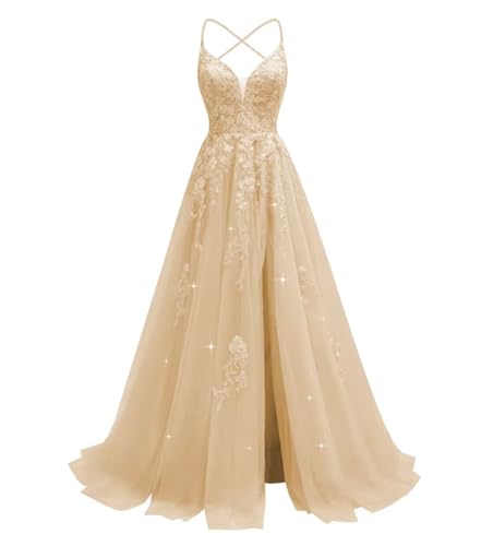Tüll Spitze Applikationen Ballkleid Langes Ballkleid für Frauen Spaghettiträger Korsett Rückenfrei Abendkleid mit Schlitz, Champagner, 30