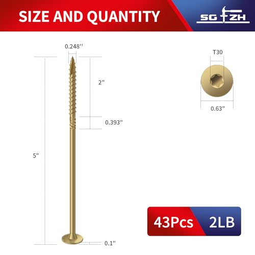 Image of #14 x 5 Inch Outdoor Structural Wood Deck Screws (43Pcs /2lb), Carbon Steel, Tan, Flat Head, Rust Resistant Epoxy Coated, T30 Star Bit