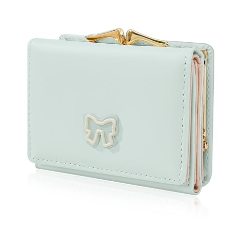 Small Wallets Woman, Cute Tri-fold Coquette Bow Wallet for Women, Credit Card Coin Holder Purse with Kiss-lock for Key Cash Change (Blue)