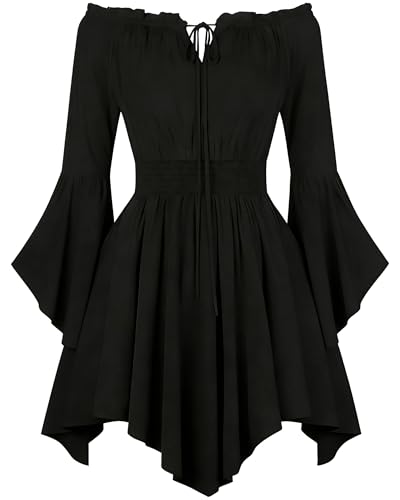 LUYANA Piratenkostüm Damen Mittelalterliches Kleid Schulterfrei Renaissance Steampunk Stil Halloween Cosplay Karneval Kostüm Schwarz S