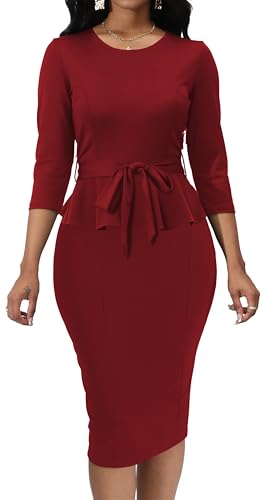 Women's Dress Work Business Bodycon Dress 3/4 Lantern Sleeves Round Neck Pencil Dresses