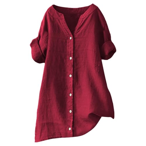 Girls Cotton Linen Button Shirts Rolled Cuffed Short Sleeve Blouse Teens Preppy Casual V Neck Solid Plain Tees Tops2