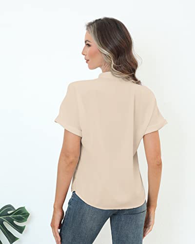Women's Summer Dressy Chiffon Blouse Notch V Neck Short Sleeve Button Up Tops Loose Casual Cute Teen Girl Shirts For Work Large Apricot #TOP2