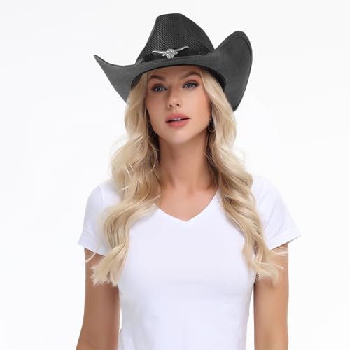 Image of WQWOVRVO Cowboy Hat,Cowgirl Hat,Western Cowboy Hats for Women /Mens /Straw Wide with Shapeable Brim Cowboy Hat for Womens