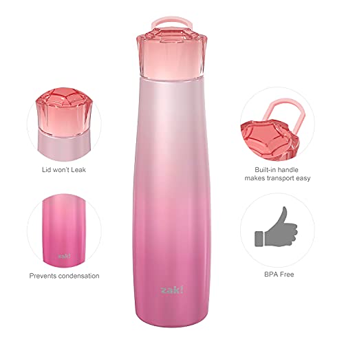 Image of Zak Designs 20 oz Jewel Vacuum Insulated 18 /8 Stainless Steel Water Bottle with Leak-Proof Lid, Keeps Cold and Fits In Car Cup Holders for Travel (20 oz, Pink Diamond)