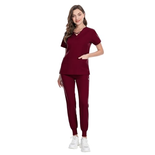 Image of VIAOLI Scrubs for Women Set Modern V-Neck Top & 8 Pocket Jogger Pants Nursing Uniform Solid Stretch Workwear