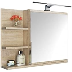 DOMTECH Armario con Espejo para baño con estantes e iluminación LED, Espejo de baño, Roble Sonoma, L