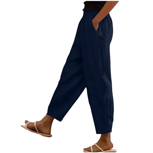 Linen Pants for Women High Waist Pants Plus Drawstring Elastic Waist Pants Trousers with Pockets Summer Casual Pants