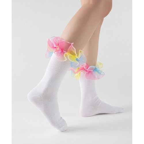 Image of Women Big Ruffle Ankle Socks Adult Double Lace Frilly Turn Cuff Dress Socks Cotton Cute Fancy Bobby Crew Socks