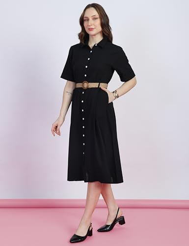 Image of FYLTR Women's Solid Midi Dress - 100% Cotton | Half Sleeve | Western Dress for Women | Office wear Dress (Belt Included)