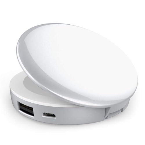 KhUkhu Power Bank Mini Specchio Rotondo A LED con Ingrandimento 1X/3X, Illuminato, Portatile, Compatto, da Viaggio, per Il Trucco, per Caricare iPhone/iPad/Android,Bianca