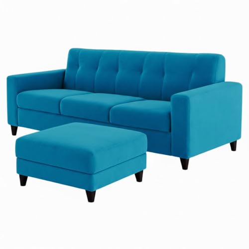 Image of Homeboy 4 Seater L Shape Sofa Set with Movable Ottoman | Flexible Left or Right Layout | Luxe Velvet Suede Fabric | Comfortable Seating | Modern Sofa for Living Room -Aqua Blue