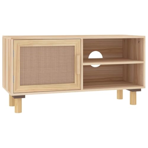 vidaXL Meuble TV Centre de Divertissement Armoire Multimédia Meuble de Rangement Salle de Séjour Marron 80x30x40cm Bois de Pin Massif et Rotin Naturel
