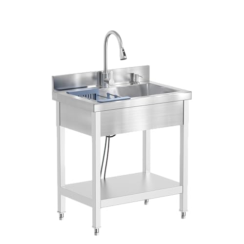 Image of Stainless Steel Utility Sink, 28 inch Commercial Kitchen Single Bowl Sink with Cold and Hot Water Faucet,Hoses and Drain Kit,Complete Base Plate for Kitchens, Bathrooms, Laundry Room