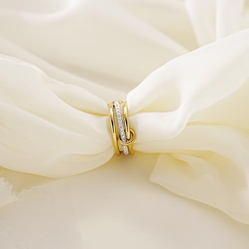 AllenCOCO 14K Gold Plated Stackable Rings, 3 Ring Set with CZ Cubic Zirconia, Gold & Silver Stacked, Multi-Link Connected Interlocking Band for Women Statement Hypoallergenic Upgraded Craft4