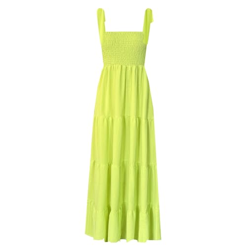 Image of kinstell Women's Summer Boho Spaghetti Strap Square Neck Ruffle Casual Flowy Long Dress Beach Swing Party Maxi Dress
