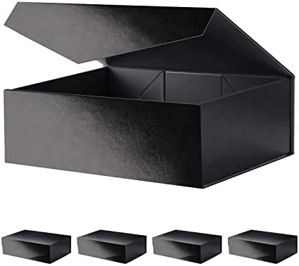 JINGUAN Large Black Collapsible Gift Boxes with Magnetic Closure Lids 13.5x9x4.1 Inches, Groomsmen Proposal Boxes, Rectangle Present Boxes (Glossy Black, 5 Pack)