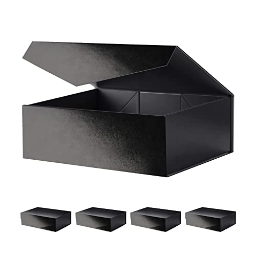 Jinguan Large Black Collapsible Gift Boxes With Magnetic Closure Lids 13.5X9X4.1 Inches, Groomsmen Proposal Boxes, Rectangle Present Boxes (Glossy Black, 5 Pack) #TOP20