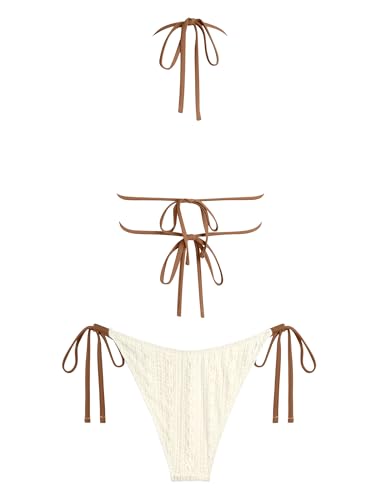 Image of ZAFUL Halter Swimsuits for Women Textured Backless 2 Piece Bathing Suits Cheeky High Cut String Tie Side Bikini Sets