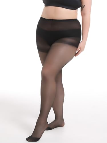 Plus Size Sheer Tights for Women 20D Control Top Pantyhose Soft Stockings with Reinforced Toes 2 Pairs4