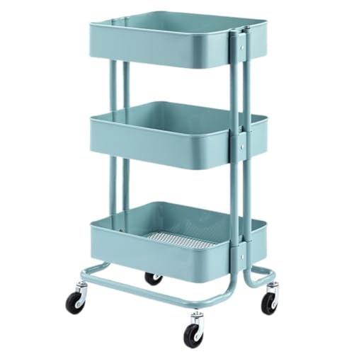 Carrito de almacenamiento de metal con ruedas de 3 niveles para cocina y baño, carrito móvil con ruedas, carrito rodante azul para un fácil almacenamiento y uso versátil