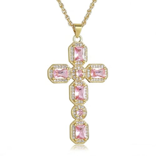 HZMAN Pink Crystal Cross Necklace for Women, 14K Gold Plated