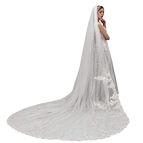 JHOO Brautschleier mit Kamm,3M Lang Brautschleier Kathedrale Tüll Spitzenrand Braut Hochzeit Schleier(Elfenbein) Cover