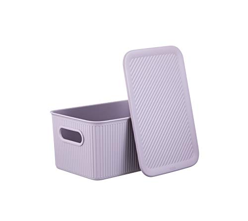 Superio Ribbed Collection - Decorative Plastic Lidded Home Storage Bins Organizer Baskets, Medium Lilac Purple (2 Pack - 5 Liter) Stackable Container Box, For Organizing Closet Shelves Drawer Shelf #TOP2