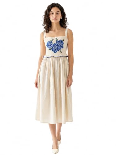 Image of PURVAJA Women's Fit & Flared Midi Sleeveless Square Solid Dress