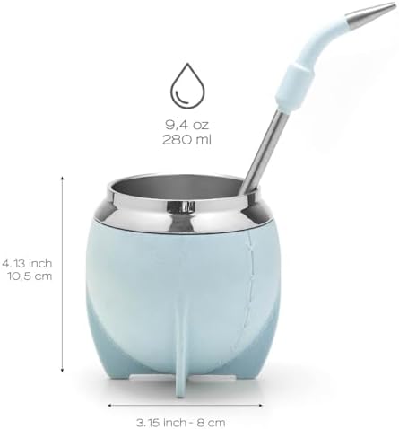 5. Bild von balibetov Yerba Mate Becher und Bombilla Set, inklusive Edelstahl Yerba Mate Kürbis, Premium Bombilla Mate und Reinigungsbürste (Hellblau)