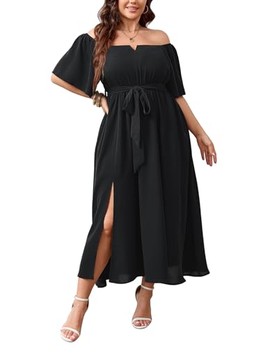 SCOMCHIC Womens Plus Size Formal Dresses Off The Shoulder Wedding Guest Cocktail A-Line Split Maxi Dress with Pockets